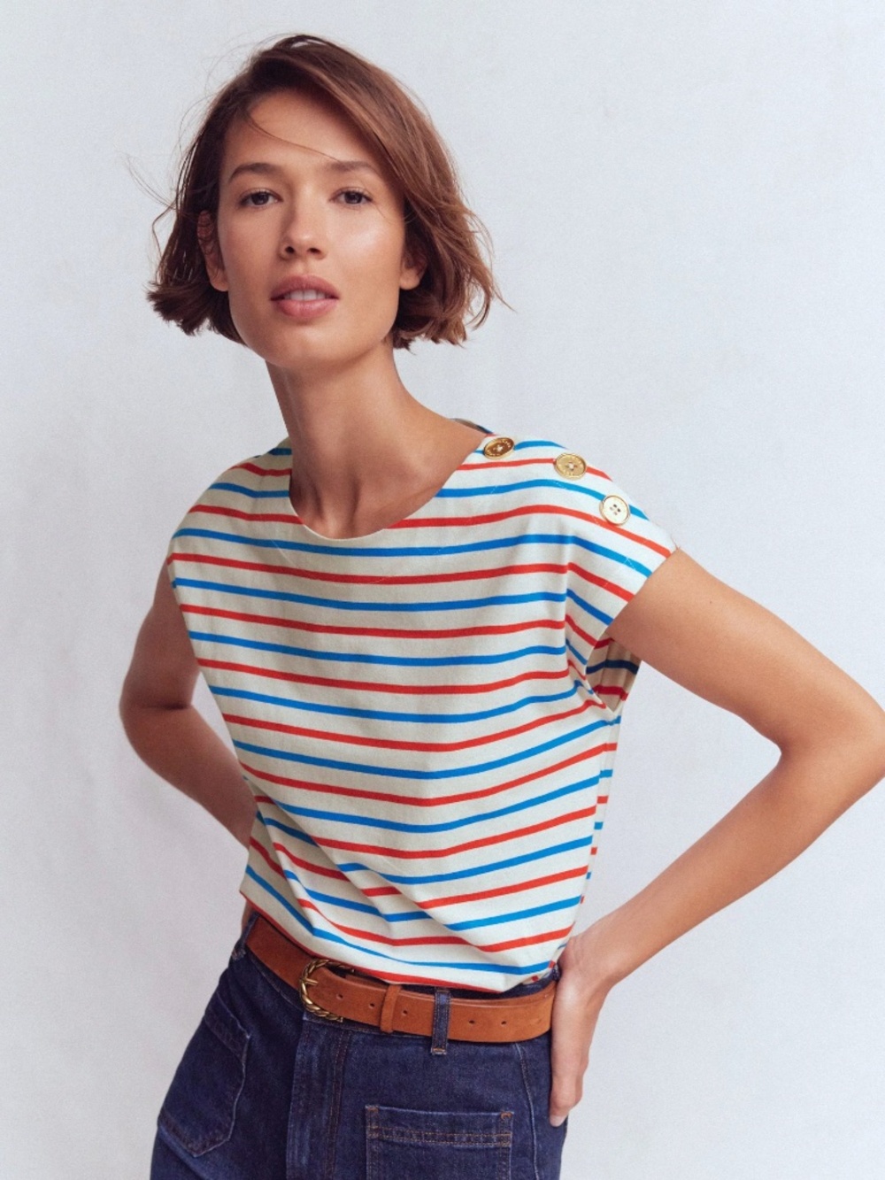 Boden Button Detail T-shirt in firecracker/king fisher blue stripe